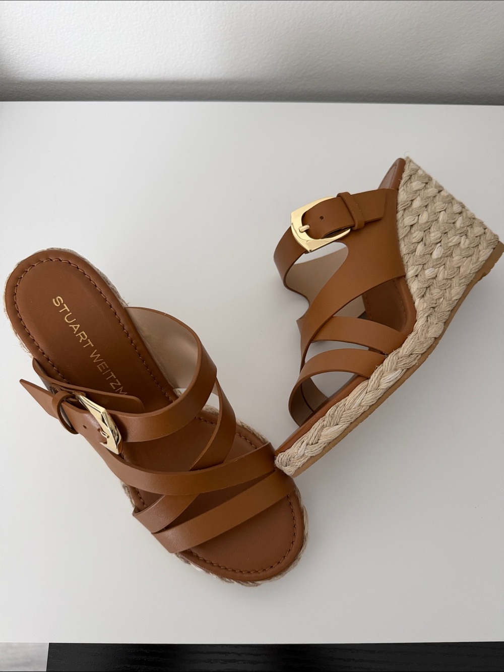 Stuart Weitzman Tan Espadrille Wedge Sandals with Gold Buckle - Picture 3 of 7